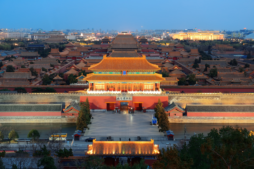 Beijing Forbidden City at dusk with ancient pagoda architecture.