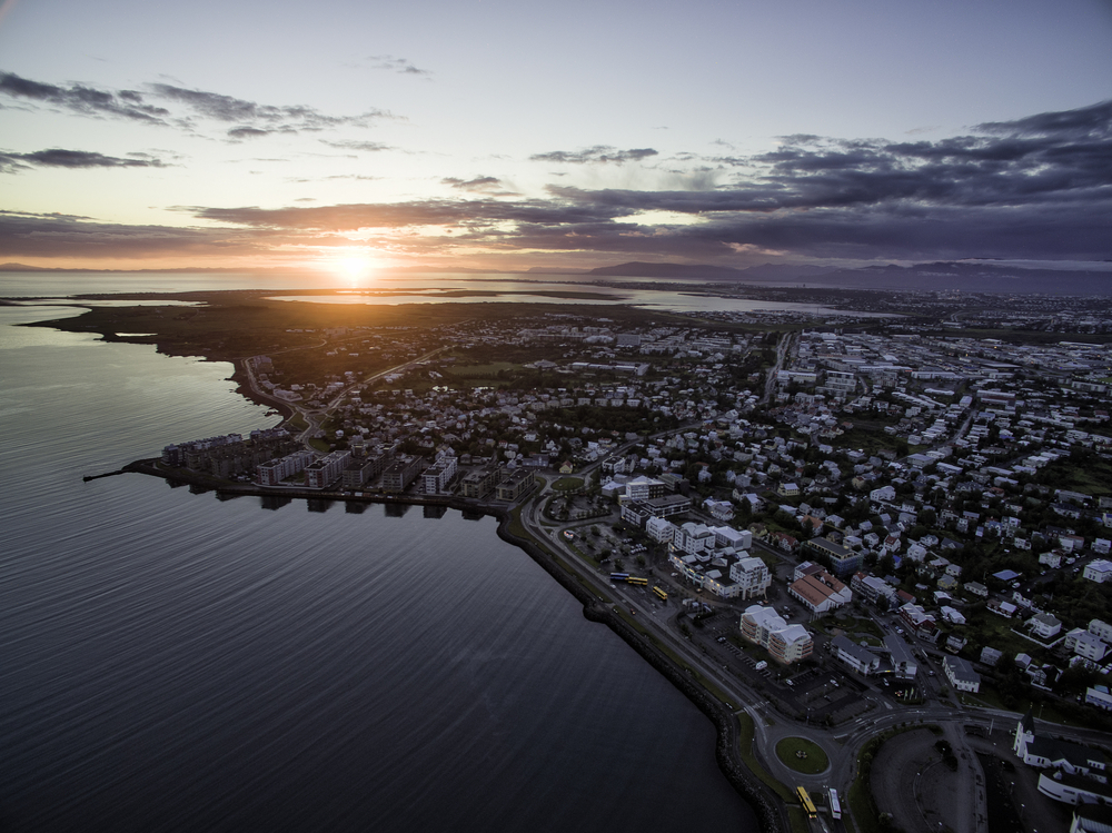 midnight sun sunset over Reykjavik city in Iceland